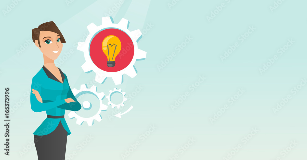 Caucasian woman with business idea bulb in gear. Caucasian woman with business idea bulb in gear.