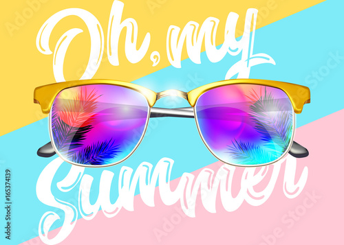 Minimal Fashion Vector Design. Yellow Sunglasses on Striped Background. Bright Reflections with Palm.