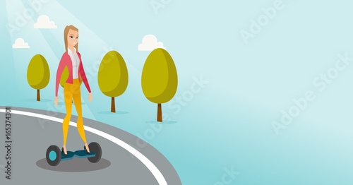 Woman riding on self-balancing electric scooter.