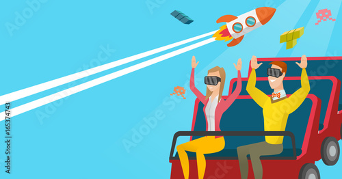 Couple in vr headset riding on a roller coaster.