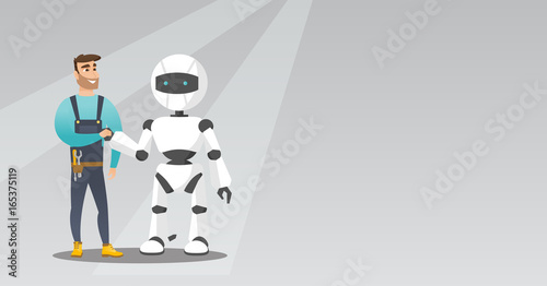Young caucasian man handshaking with robot.