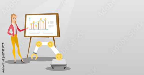 Woman and robot giving business presentation.
