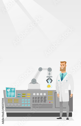Scientist and robotic arm conducting experiments.