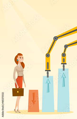 Robotic arms raise up business charts.