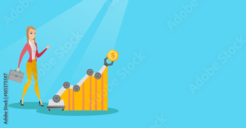 Woman looking at profit chart with robotic arm.