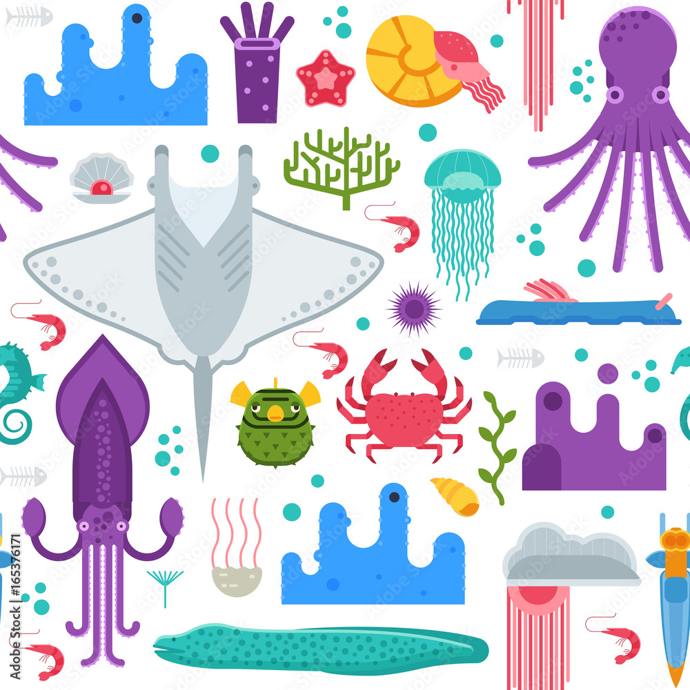 Sea life pattern with different marine animals. Underwater creatures vector seamless background with ocean aquatic inhabitants and exotic fishes in flat design. Manta ray, squid, crab, octopus, shell.