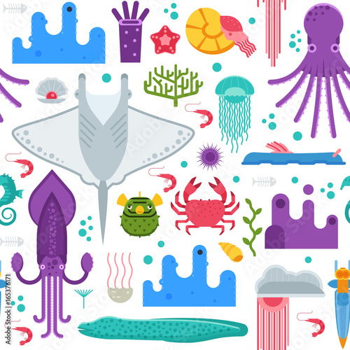 Wallpaper Mural Sea life pattern with different marine animals. Underwater creatures vector seamless background with ocean aquatic inhabitants and exotic fishes in flat design. Manta ray, squid, crab, octopus, shell. Torontodigital.ca