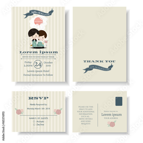 Set of the newlyweds ridding scooter logo on wedding Invitation Card.Vector/Illustration