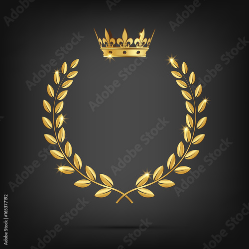 Vector golden laurel wreath with crown isolated on black background.
