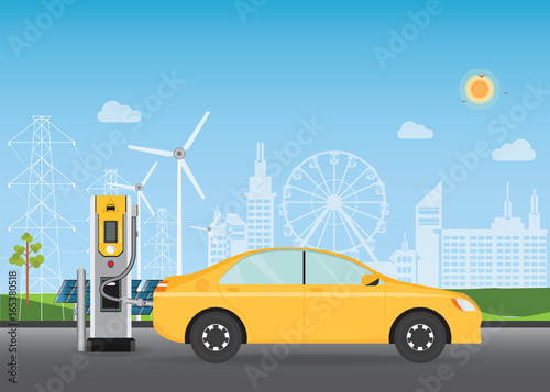 Electric cars charging at the charger station.