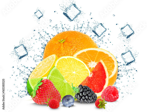 citrus and berries splash ice cube isolated