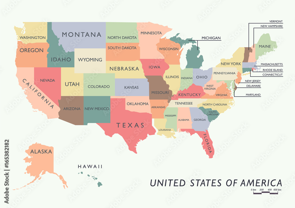 Colorful USA map with name of states