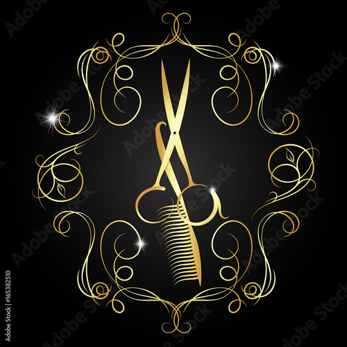 Hairdressing scissors and a comb of gold color