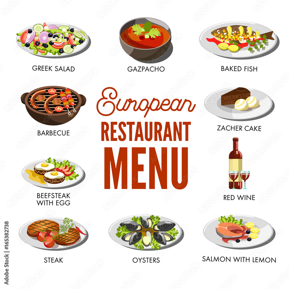 European restaurant menu with popular delicious dishes set