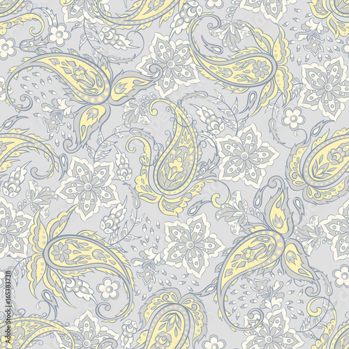 Floral seamless pattern with paisley ornament. Vector illustration in Asian textile style