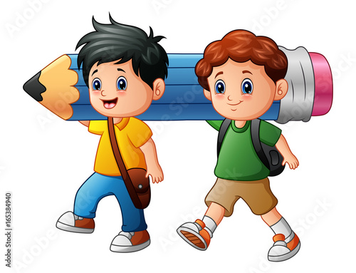 Two boy cartoon holding a large pencil