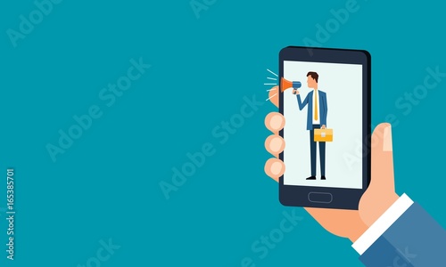 flat people business hold megaphone in mobile  and  concept for business online  marketing   