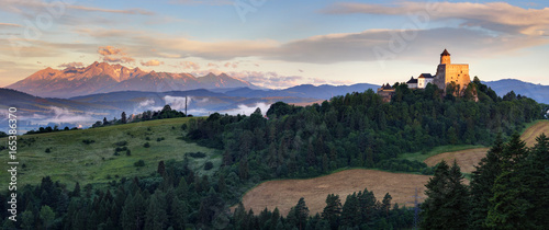 Panoramic view of Slovakia with Tatras moutain and Stara Lubovna castle