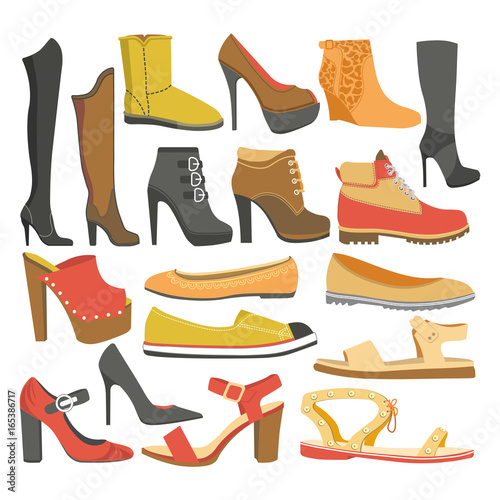 Women shoes or female footwear boots types vector flat isolated icons set