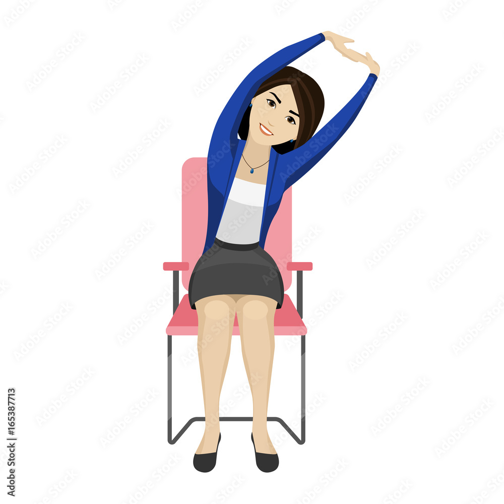 Pretty Asian woman is doing exercise on the office chair. Business woman in healthy warm up pose. Pretty Asian woman is doing exercise on the office chair. Business woman in healthy warm up pose.
