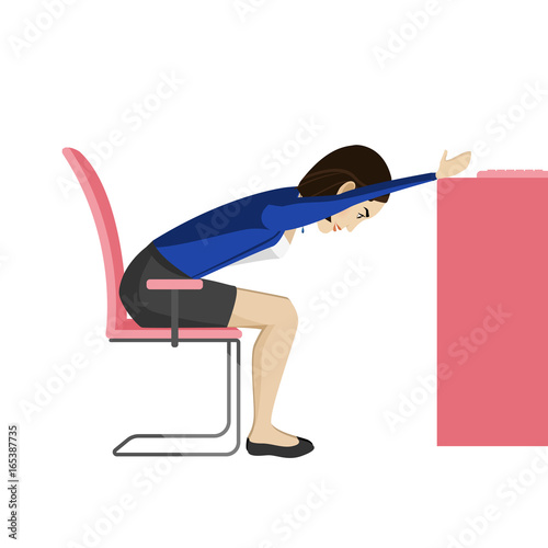 Pretty Asian woman is doing exercise on the office chair. Business woman in healthy warm up pose.