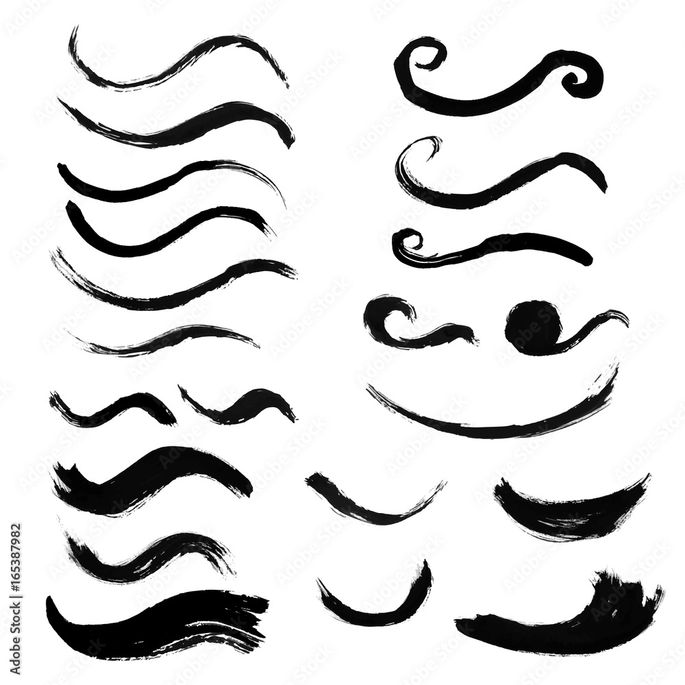 Hand drawn curved brushstrokes created by dry brush. Grunge style set.