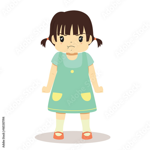 angry and furious little girl, with her fists clenched and her cheeks puffed