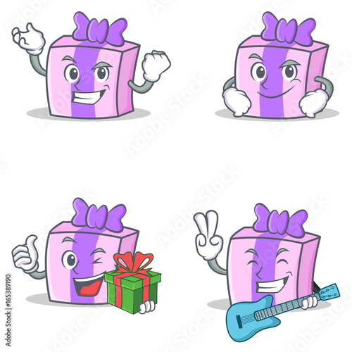 Set of gift character with successful smirking gift guitar
