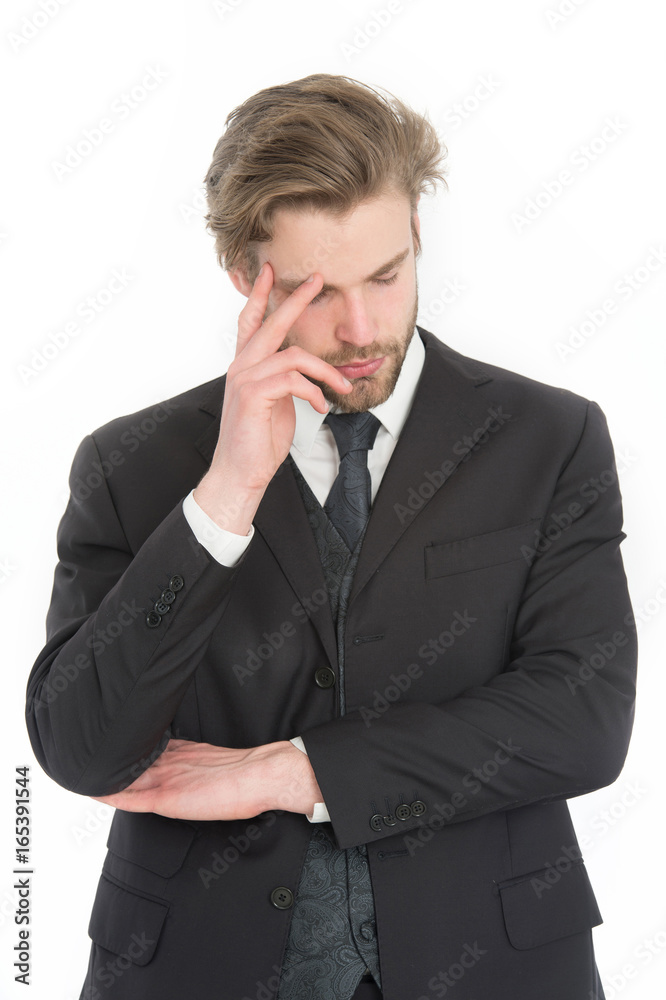 businessman in black formal outfit with tired or thinking face businessman in black formal outfit with tired or thinking face