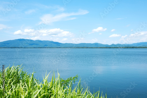 Lake and blue sky landscape, nature background, spring and summer season