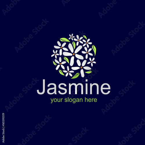 jasmine flowers forms a circle,logo design,dark background.