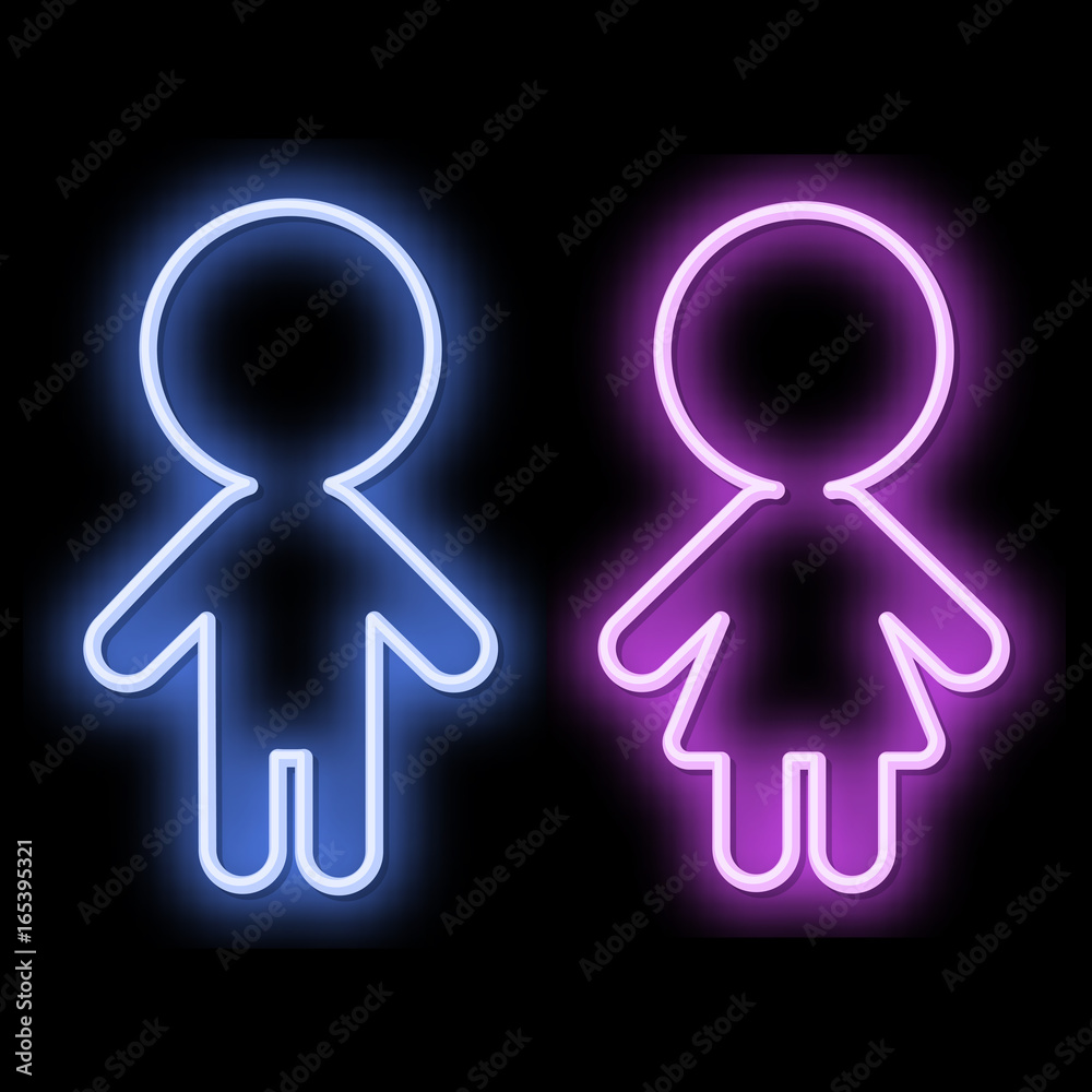 Neon sign man and woman. Icon of a blue man and a pink woman on a black background. Vector illustration. Neon sign man and woman. Icon of a blue man and a pink woman on a black background. Vector illustration.