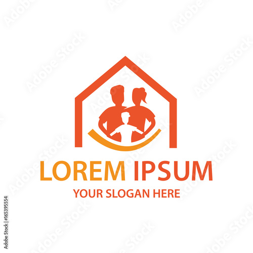 happy family logo, parents with their child with outline of house, isolated on white background.