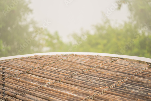 Wooden Balcony Terrace Floor with White Fog in Early Morning