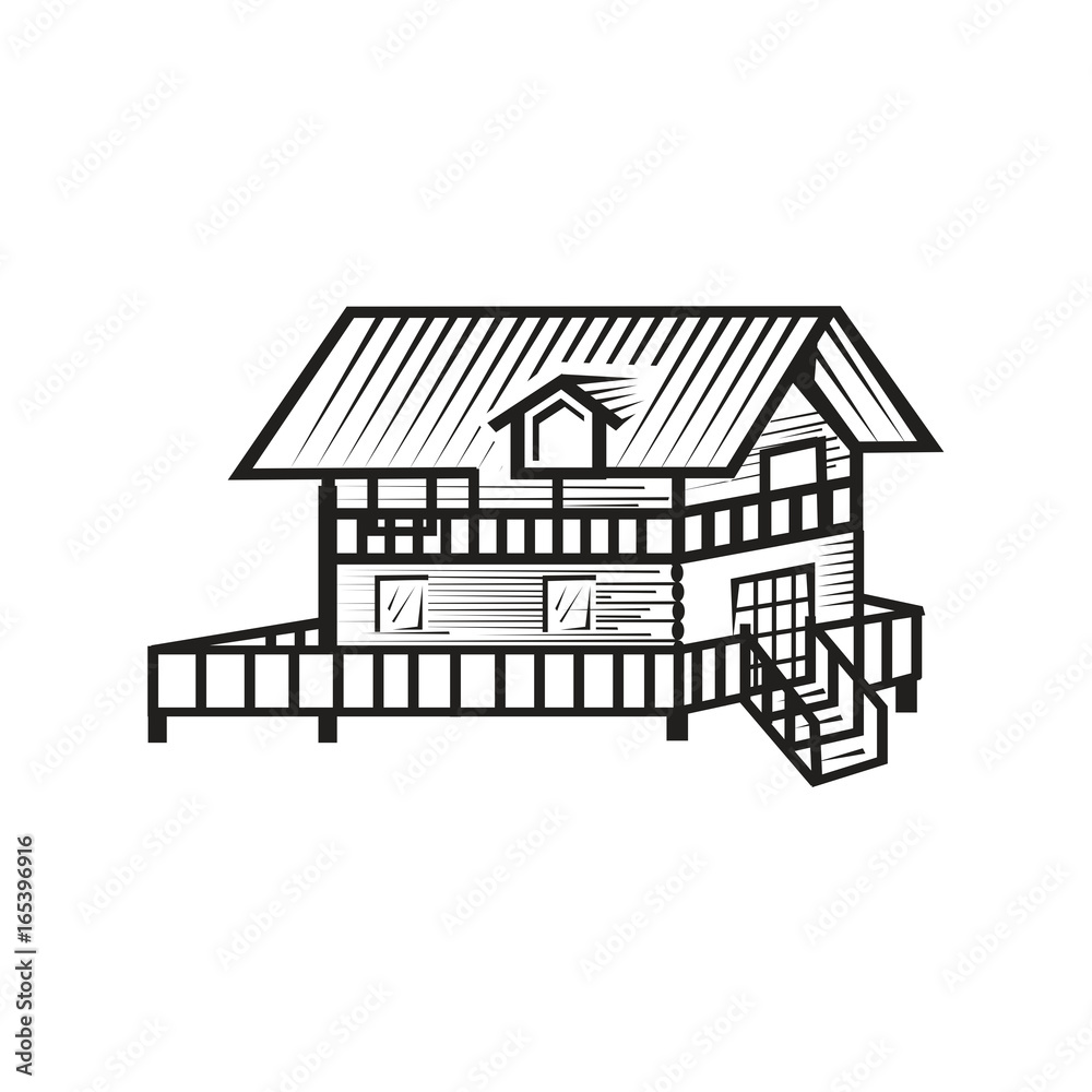 detailed outlines of cottage, illustration, isolated on white background.