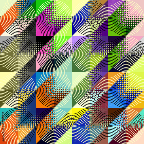Seamless background. Geometric abstract diagonal pattern in low poly pixel art style and halftone dots.