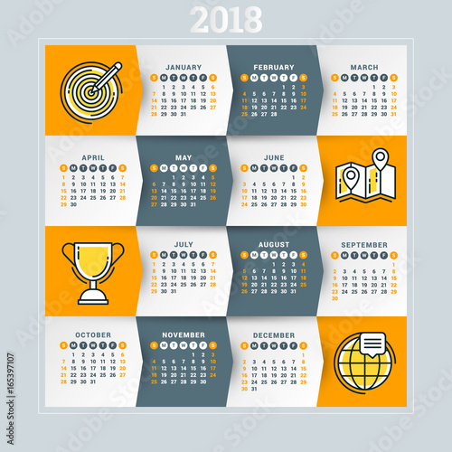 Calendar for 2018 year. Vector design template. Week starts on Sunday. Flat style color vector illustration with technology icons