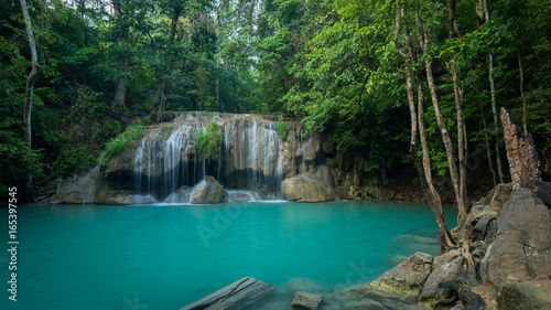Beautiful and Breathtaking green waterfall  Erawan s waterfall  Located Kanchanaburi Province  Thailand