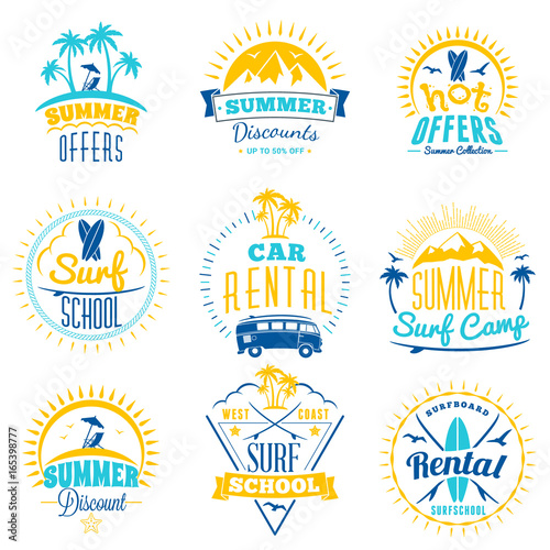 Set of summer sale promotional emblem design. Typographic retro style summer advertising badges for banner or poster. Blue and yellow color theme. Isolated on white. Vector illustration
