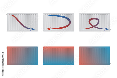 The flow of heat in a steel panel radiator. Thermal imager. The water flowing indicated by the arrows. The image heating equipment.