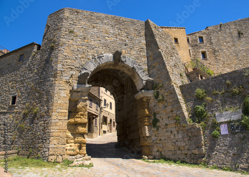 Porta all' Arco, one of city's gateways, is the most famous Etruscan architectural monument in Volterra, Italy