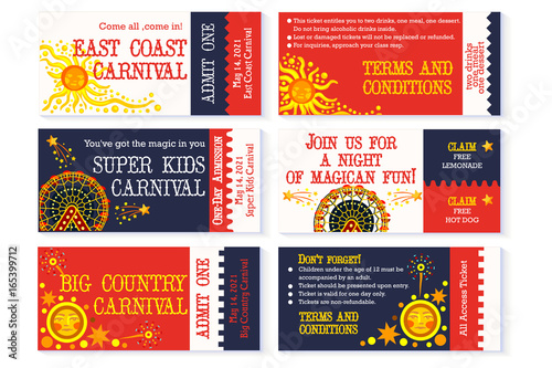 Circus tickets carnival birthday party invitation horizontal card front and back vector illustration