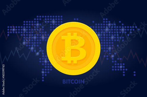 Golden bitcoin icon in world map background for cryptocurrency, virtual currency, digital money, ecash. Vector illustration photo