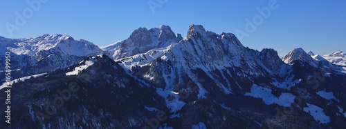 Gummfuh, Le Rubli and other mountains seen from mount Rellerli, Switzerland. Winter scene. © u.perreten
