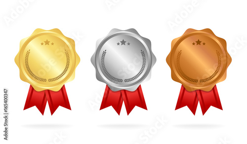 First place. Second place. Third place. Award Medals Set isolated on white with ribbons and stars. Vector illustration
