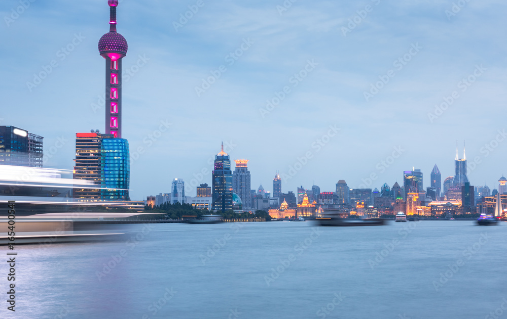 Shanghai skyline panorama,landmarks of Shanghai with Huangpu river in China.