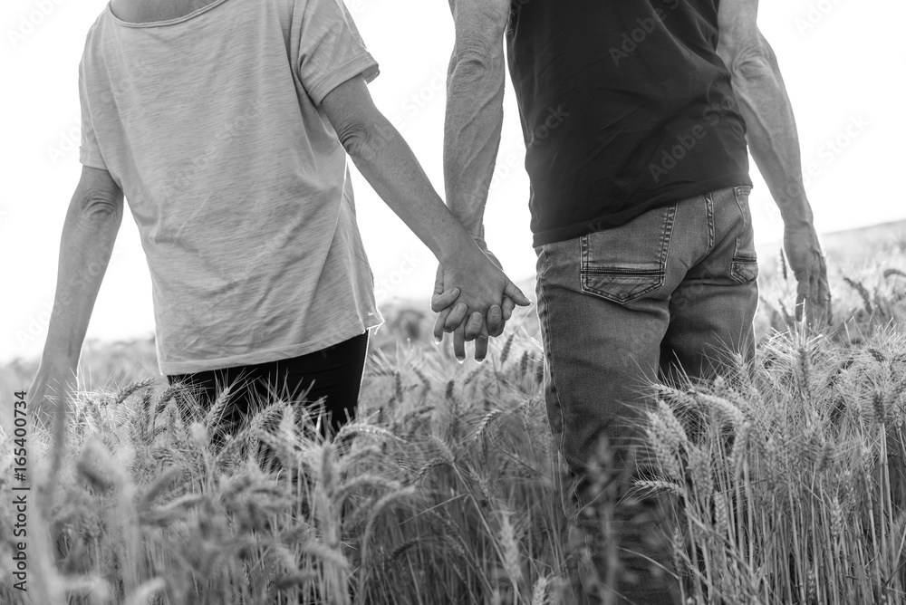 Couple holding hands in a wheat field at sunset, black and white, sunlight effect