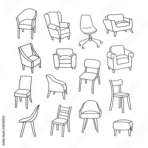 Vector illustration with different kinds of chairs. Hand drawn style