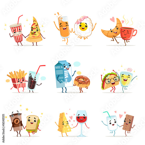 Cute comic food cartoon characters, best friends vector Illustrations