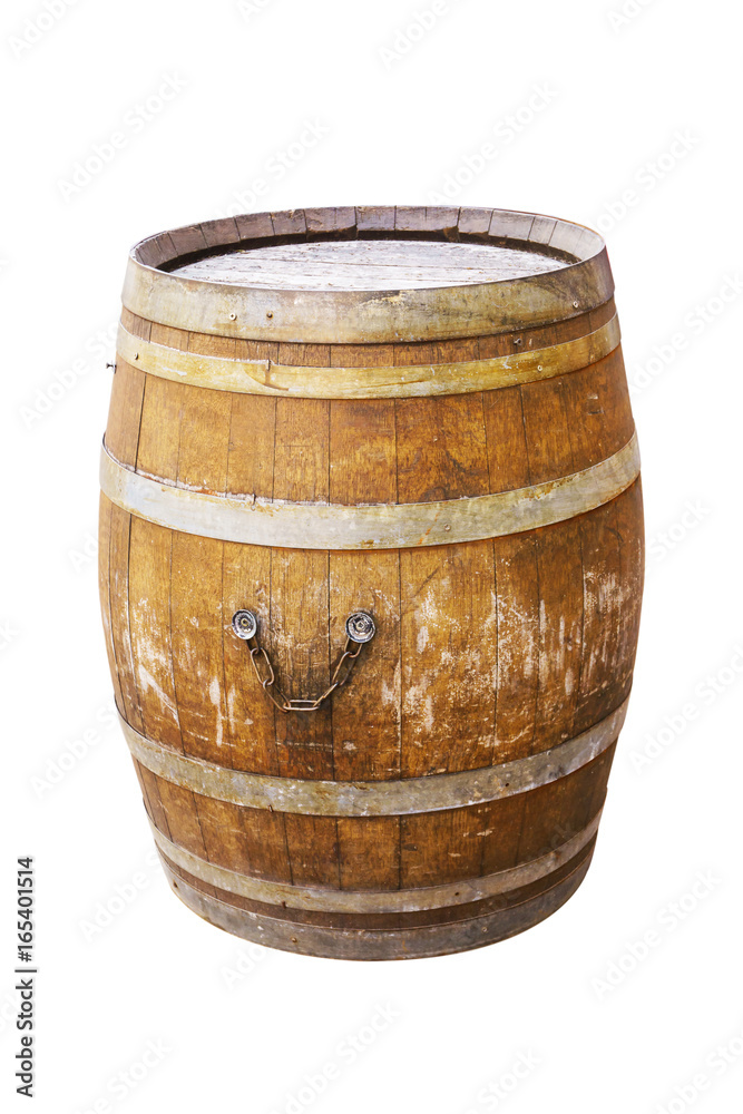 Old wooden barrel for wine with steel ring on white background. Old wooden barrel for wine with steel ring on white background.